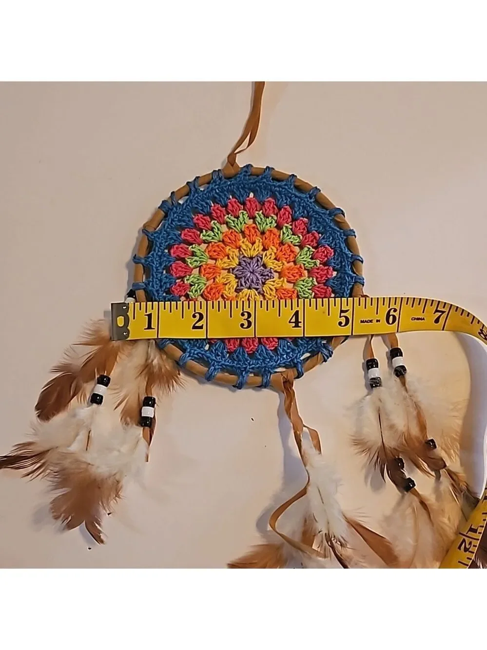 Hand Crafted crochet dreamcatcher multicolored floral eclectic textile decor